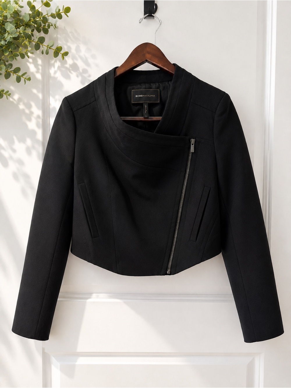 BCBGMaxAzria Black Cropped Asymmetric Zip Jacket